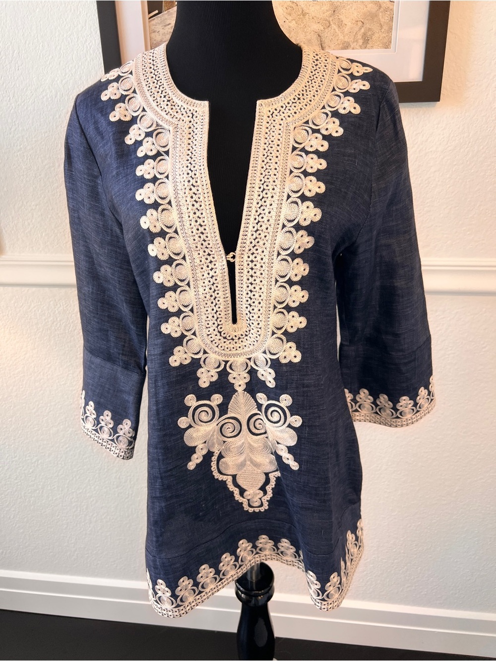 Craig Taylor Navy Tunic Top with Cream Crochet Trim